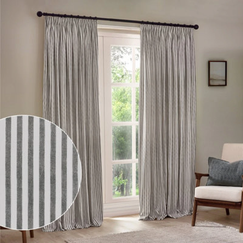 Image of Yard Hebden Striped Cotton Pencil Pleat Curtains, Grey, (W) 229 X (D) 137Cm