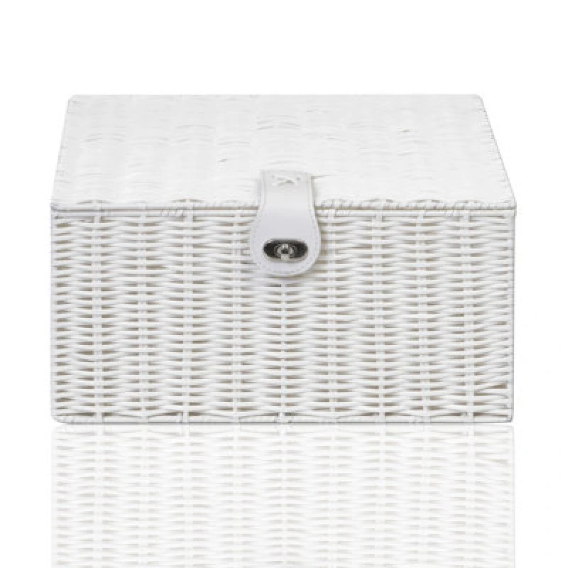 Image of Arpan Large Resin Woven Storage Basket Box With Lid & Lock - White