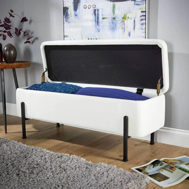 Image of Home Source Plush Boucle Fabric Padded Storage Ottoman White