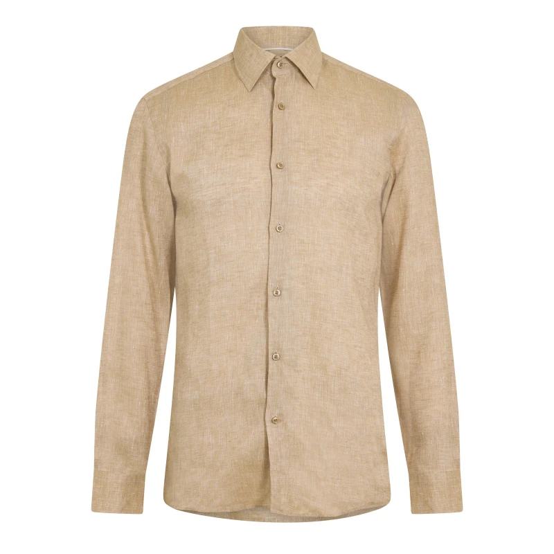 Image of Boss Mens H Hank Kent Long Sleeve Oxford Shirt Light Beige male 15.5 inch