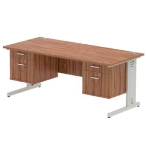 image of Impulse 1800 Rectangle Silver Cable Managed Leg Desk WALNUT 2 x 2 Drawer Fixed Ped