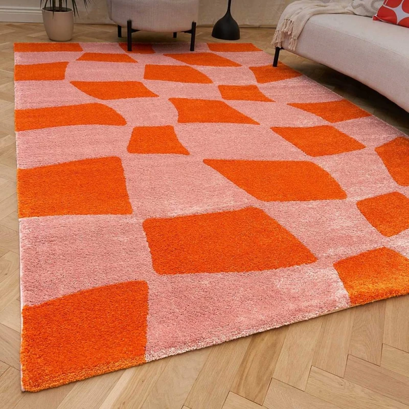 Image of THE RUGS Joli Chequered Soft & Dense Pile Living Room & Bedroom Rug in Orange Size: 160cm x 230cm Orange Unisex 160cm x 230 cm