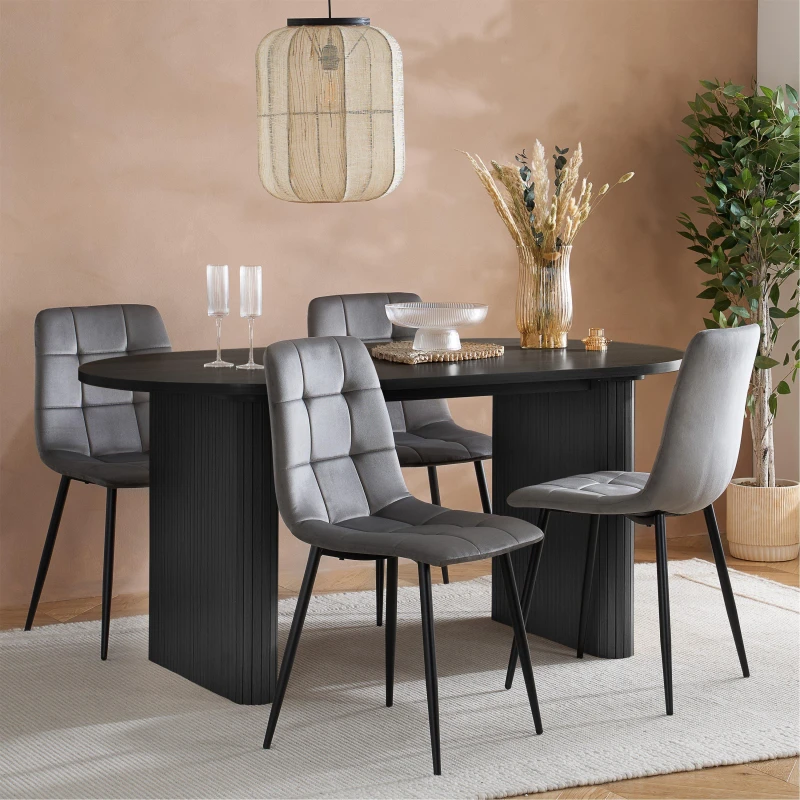 Image of Birlea Axel Oval Fluted Dining Table With 4 Chairs - Black AXEDINBLKCGRY4
