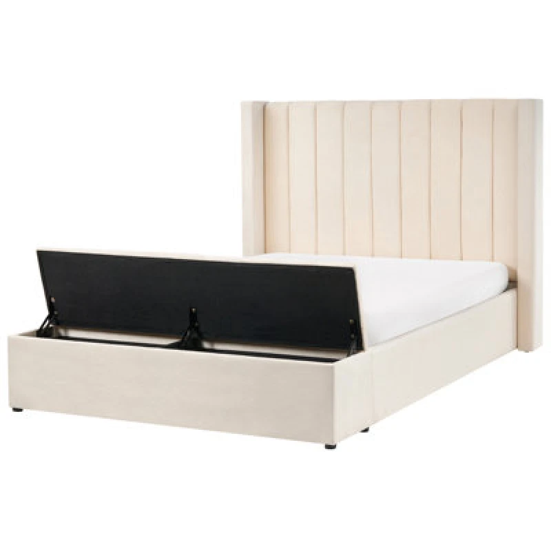 Image of Beliani Bed With Storage Bench Velvet Noyers 140 X 200 Cm (Eu Double) Off-White