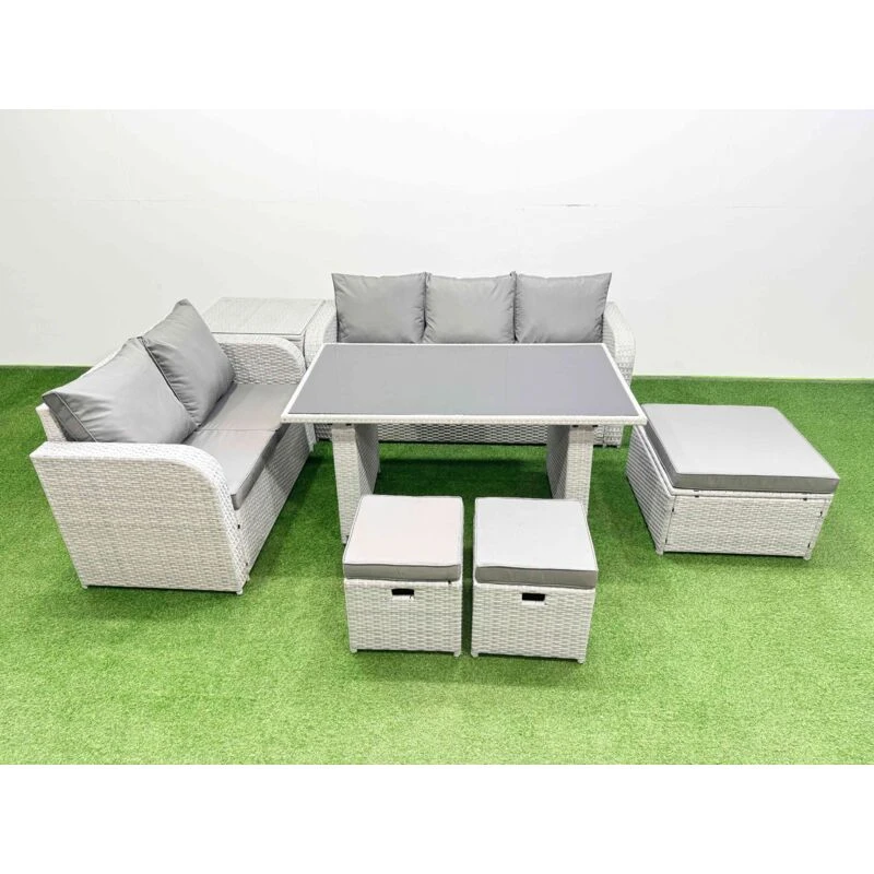 Image of Fimous Garden Furniture Set with Rectangular Dining Table 3 Stool Side Table in Light Grey Light Grey Unisex