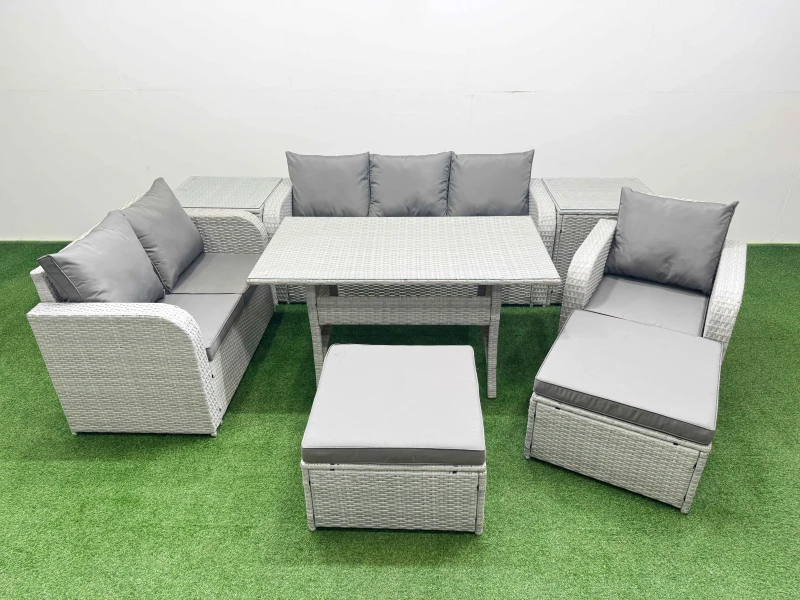 Image of Fimous Patio PE Wicker 8 Seater Outdoor Rattan Furniture Sofa Sets with Reclining Chair Loveseat Sofa 3 Seater Sofa 2 Big Footstools 2 Side Table