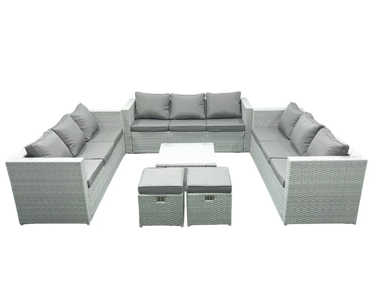 Image of Fimous Rattan Garden Outdoor Furniture Set 11 Seater Rattan Garden Sofa Set with 2 Small Footstools Light Grey Mixed Light Grey