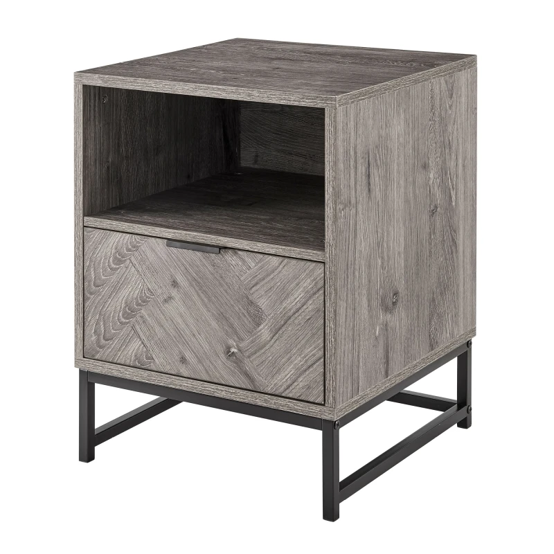 Image of LIVIVO Herringbone Side Table Storage Unit - Featuring a Spacious Drawer for Stylish Organisation Light Grey