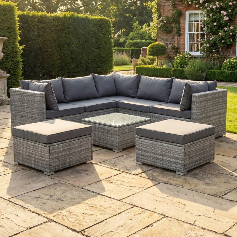 Image of Artemis Home Oliena 7 Seat Modular Rattan L-Shaped Corner Garden Furniture in Grey Grey Unisex