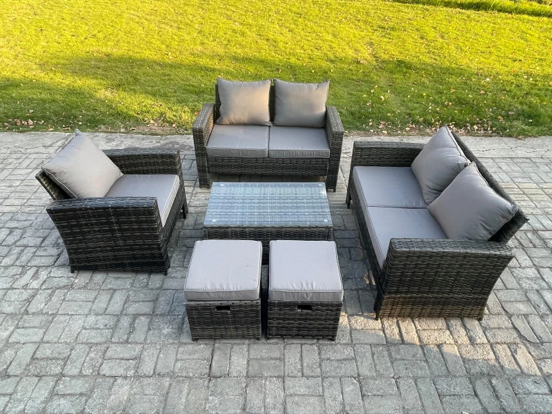 Image of Fimous Rattan Garden Furniture Set 7 Seater Patio Outdoor Lounge Sofa Chair Set with Rectangular Coffee Table 2 Small Footstools in Dark Grey Dark Gre