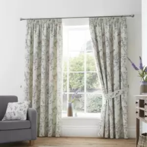 Image of Dreams&drapes - Jazmine Floral Print 100% Cotton Lined Pencil Pleat Curtains, Heather, 90 x 90 Inch