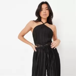 image of Missguided Coord Halter Neck Lace Trim Plisse Top - Black