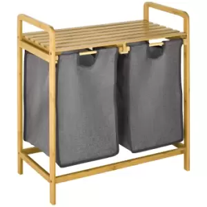 Image of HOMCOM Bamboo Laundry Basket, Laundry Hamper with Shelf, Pull-out Bags for Bedroom, Bathroom, Laundry Room, 64 x 33 x 73 cm, Grey