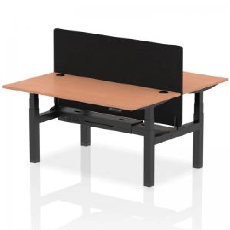 Image of Air Back - to - Back 1600 x 800mm Height Adjustable 2 Person Bench Office Desk Beech Top - Cable Ports Black Frame - Black Straight Screen