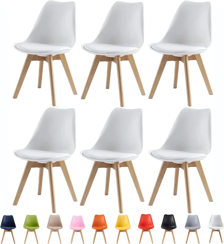 Image of MCC Direct Set of 6 Dining Chairs with Solid Wooden Legs & Seat Cushion Pads in Grey - Eva by MCC in White White Unisex
