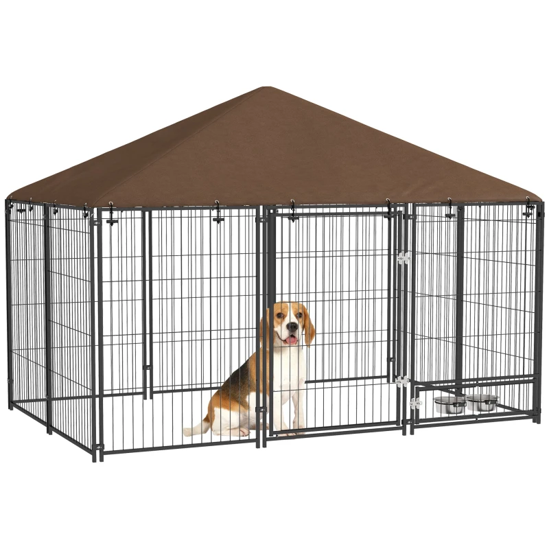 Image of PawHut Outdoor Dog House Kennel with Canopy Top & Lock Rotating Bowl Holder TJ Hughes Brown 5061025081295