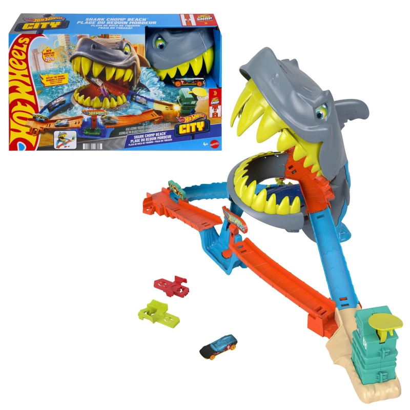 Image of Hot Wheels Toy Car Track Set City Shark Chomp Beach Playset with 1:64 Scale Die-Cast Vehicle. 2 Ways to Play Knock Out the Shark or Get Eaten JHL96
