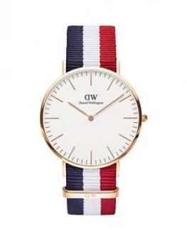 image of Daniel Wellington Daniel Wellington Cambridge White And Rose Gold Detail 40Mm Dial Red, White And Blue Stripe Nato Strap Watch