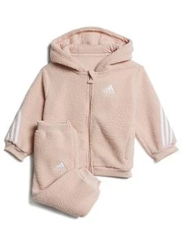 Image of Boys, Adidas Infant Unisex 3 Stripe Sherpa Full Zip Hoody & Jog Pant Set, Silver/Pink, Size 2-3 Years