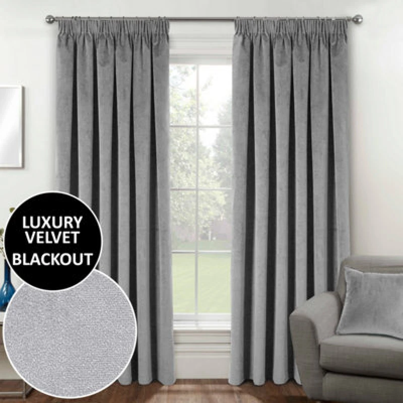 Image of Luxury Enhanced Living Grey Velvet, Supersoft, 100% Blackout, Thermal Curtains With Tape Top (Pair) - 90 X 72" (229X183Cm)