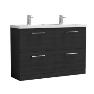 image of Nuie Arno 1200mm Floor Standing 4 Drawer Vanity & Double Polymarble Mid-Edge Basin Black Woodgrain