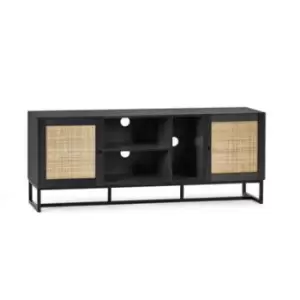 Large Black TV Unit with Rattan Drawers - Padstow