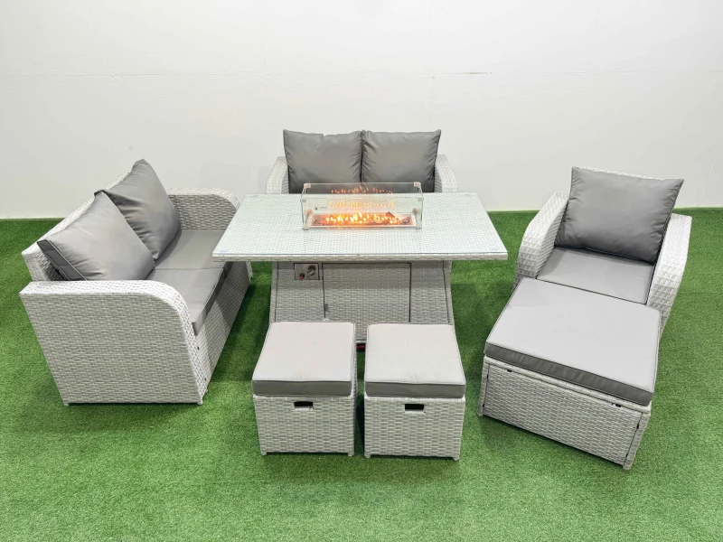 Image of Fimous High Back Poly Rattan Garden Furniture Set with Reclining Chair Loveseat Sofa Firepit Dining Table Indoor Outdoor Patio Set 3 Stools Light Gre