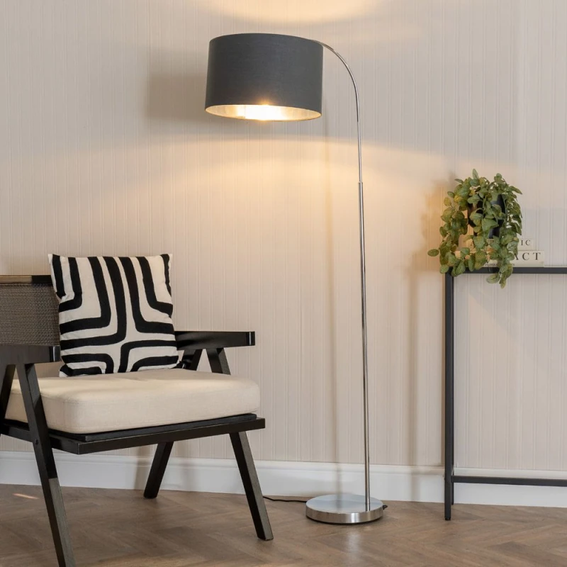 Image of ValueLights ValueLights Curva Chrome Arched Floor Lamp with Metallic Chrome Inner Drum Lamp Shade & Bulb in Charcoal Charcoal One Size Unisex 50594060
