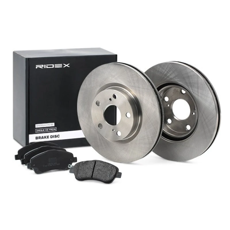 Image of RIDEX 3405B0114 Brake disc and pads set Front Axle, Brake Disc Type: Vented, with acoustic wear warning Brake Set,disc brakes (3405)