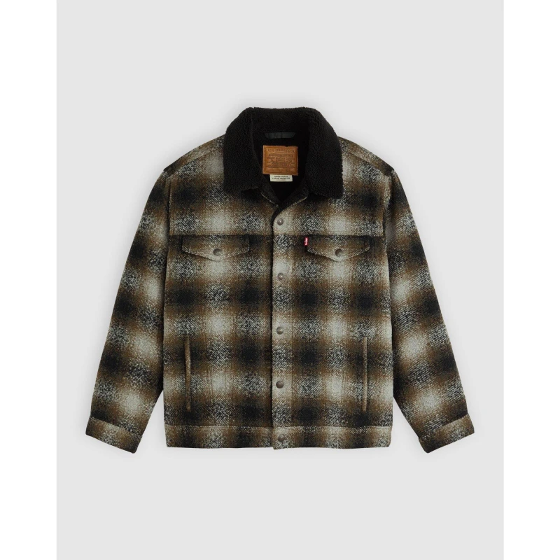 Image of Levis Mens Levis Denim Sherpa Relaxed Fit Jacket Blck/Brwn Plaid male XL
