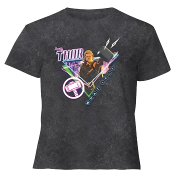 Image of Marvel Party Thor Womens Cropped T-Shirt - Black Acid Wash - L - Black Acid Wash