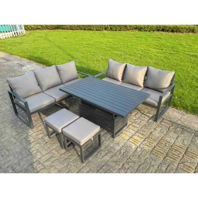 Image of Fimous Aluminum 5 Piece Sofa Set with Lifting Table, Cushion & 2 Small Stools in Dark Grey Dark Grey Unisex