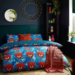 Image of Untamed Cheetah Botanical Duvet Cover Set Blue / King