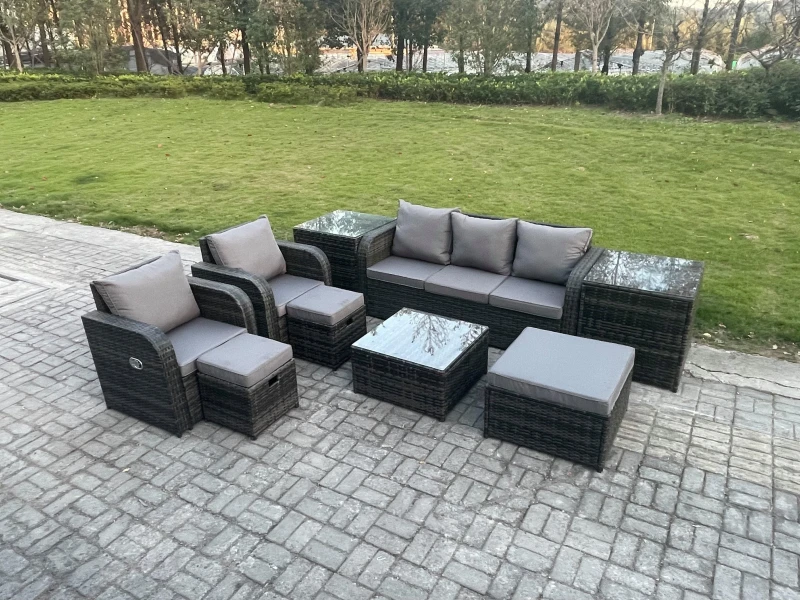 Image of Fimous Patio Garden Furniture Sets Wicker 8 Seater Outdoor Rattan Furniture Sofa Sets with 2 Side Tables 3 Footstools Dark Grey