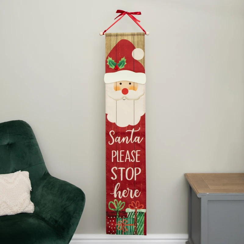 Image of 1.2m Battery Operated Light up Hanging Christmas Santa Stop Here Fabric Banner with LEDs
