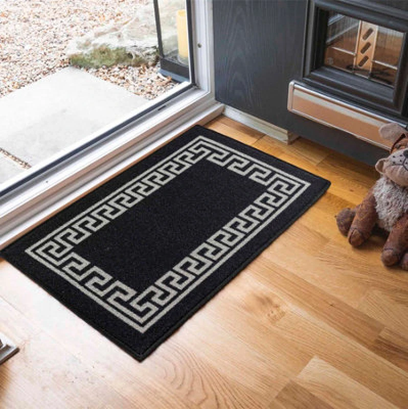 Image of Machine Washable Greek Key Design Anti Slip Doormats Black 80X150 Cm