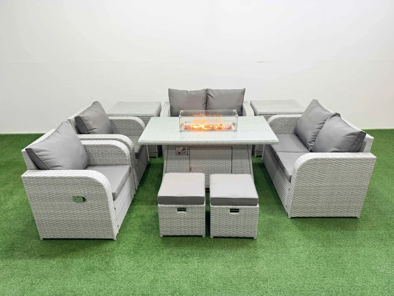 Image of Fimous 8 Seater Outdoor Reclining Chair Love Sofa Set Rattan Garden Furniture Set with Firepit Dining Table 2 Stools 2 Side Table Light Grey Light Gre