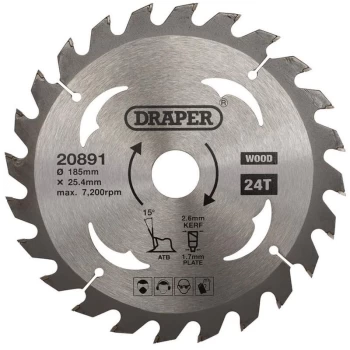Image of 20891 TCT Circular Saw Blade for Wood 185 x 25.4mm 24T - Draper