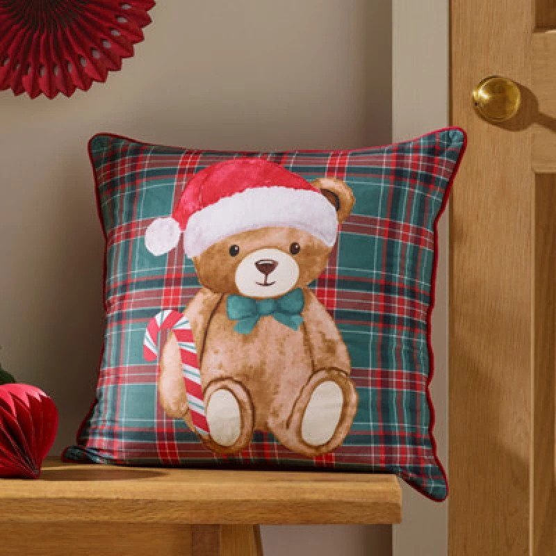 Image of Catherine Lansfield Christmas Tartan Teddy Bear 45X45Cm Cushion Green