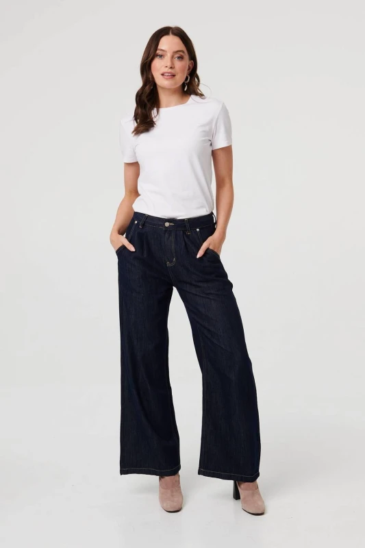 Image of Izabel London Womens High Waist Pleat Front Wide Leg Jeans in Dark Blue Size: 10 Dark Blue Female 10