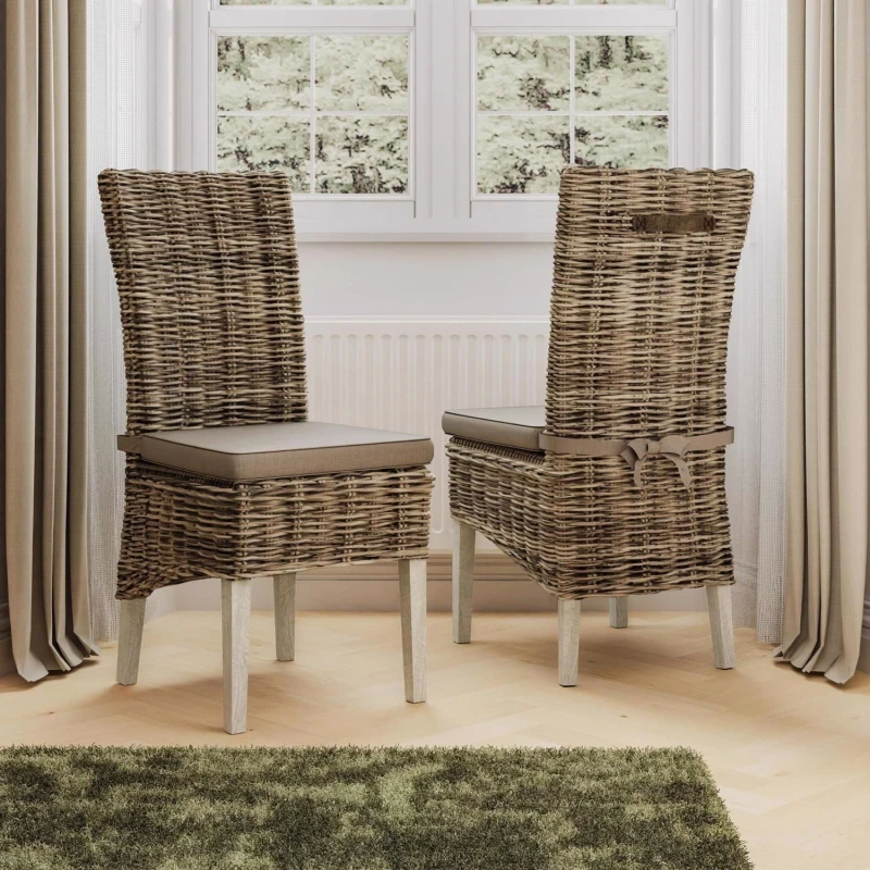 Image of FWStyle Set Of 2 Solid Pine Rattan Whitewash Dining Chairs Ready Assembled White