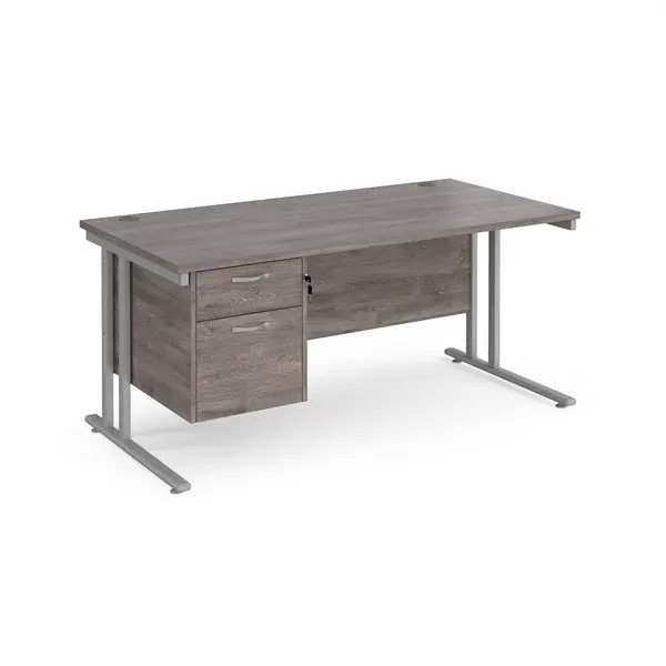 Image of Maestro 25 straight desk 1600mm x 800mm with 2 drawer pedestal - silver cantilever leg frame, grey oak top