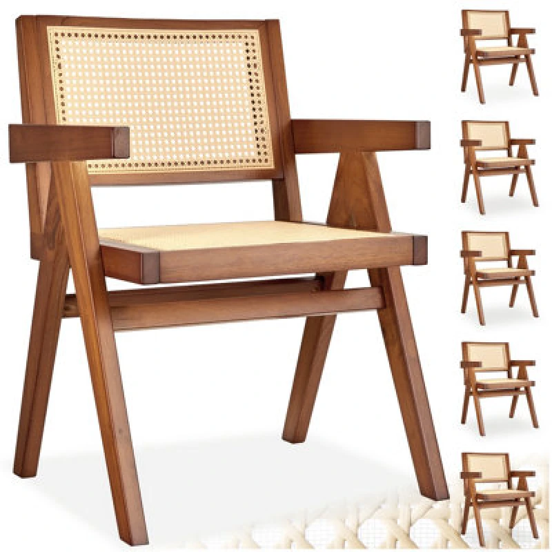 Image of Tectake Set Of 6 Dining Chair Lizzy With Mid-Century Modern Design, Rattan Backrest And Solid Wood Frame - Dark Oak