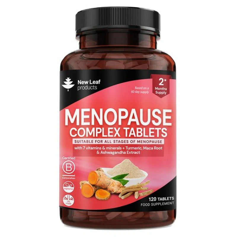 Image of New leaf health Menopause Supplements For Her Enriched with Turmeric, Ashwagandha & Maca Extract 120 Tablets Pink female