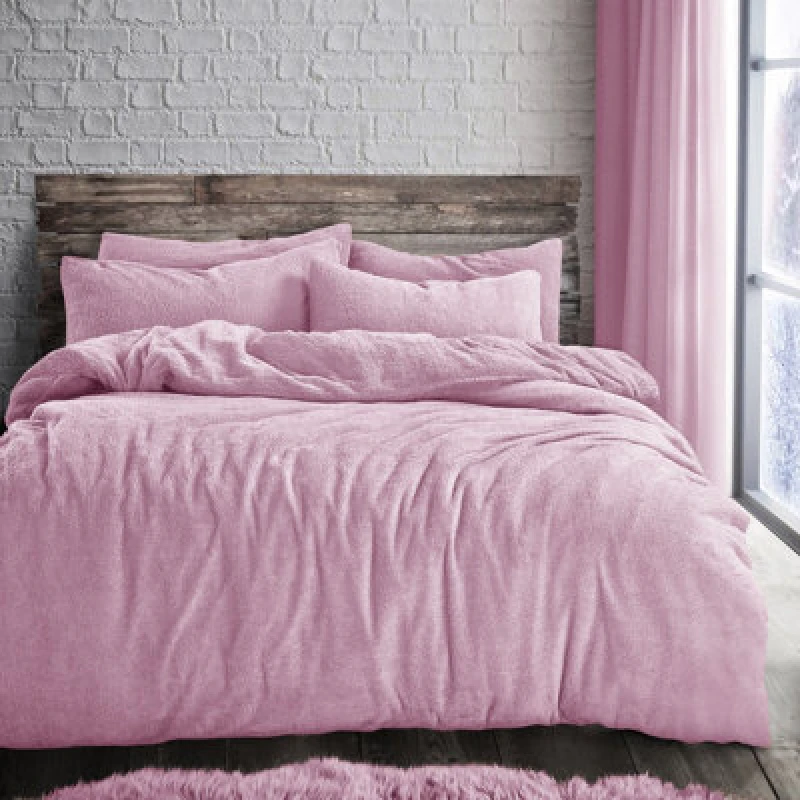Image of Velosso Plain Teddy Warm And Cosy Duvet Cover And Pillowcase Set - Pink