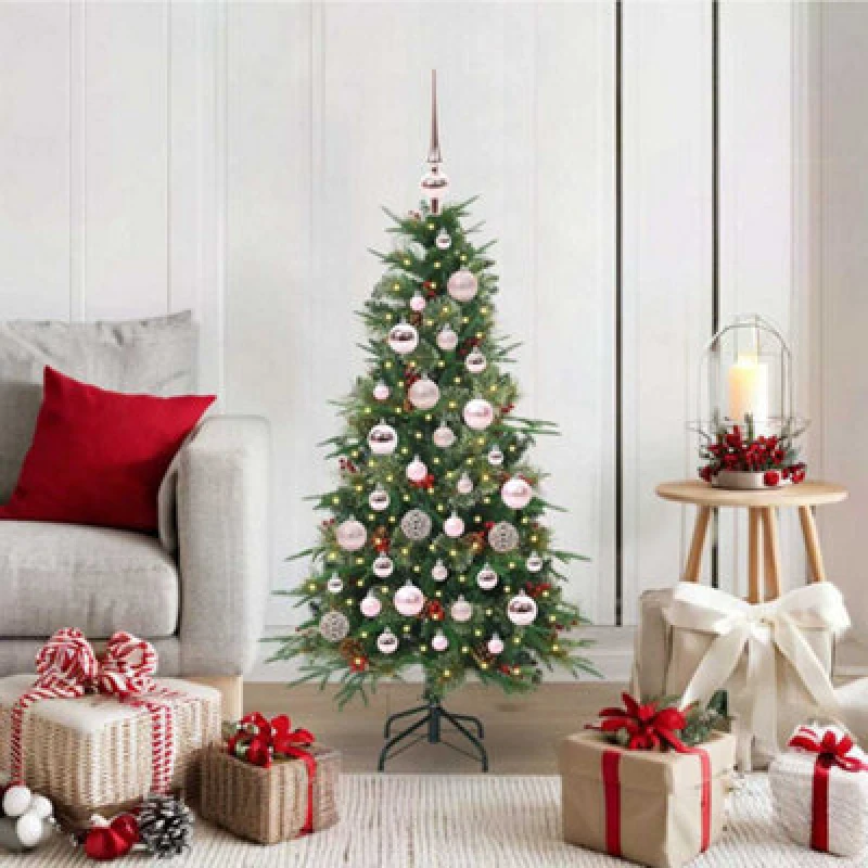 Image of vidaXL Artificial Hinged Christmas Tree with Pink Balls Green 120cm PE and PVC, Green 3397395