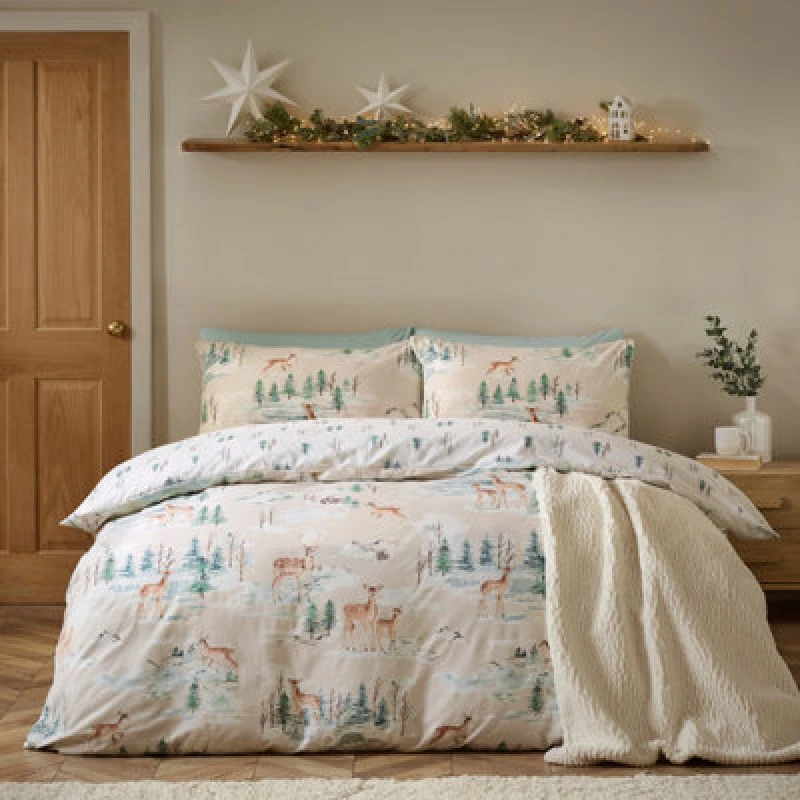 Image of Catherine Lansfield Brushed Christmas Deer Cotton Reversible Double Duvet Cover Set With Pillowcases Natural
