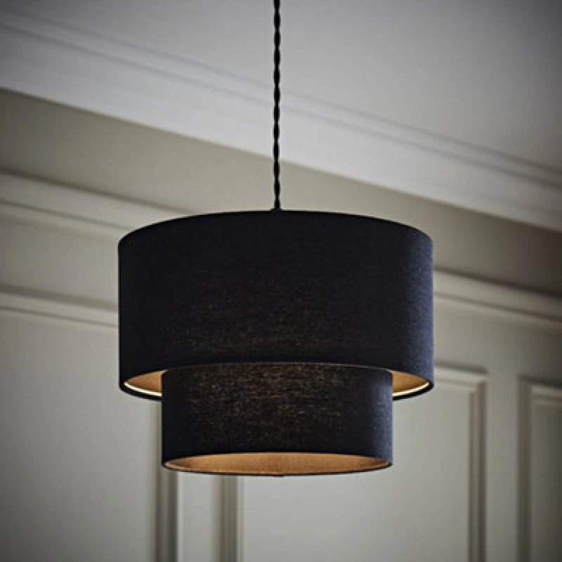 Image of ValueLights ValueLights Jodie Linen Two Tier Easy Fit Drum Ceiling Pendant Light Lamp Shade in Black One Size Unisex 5016529273554