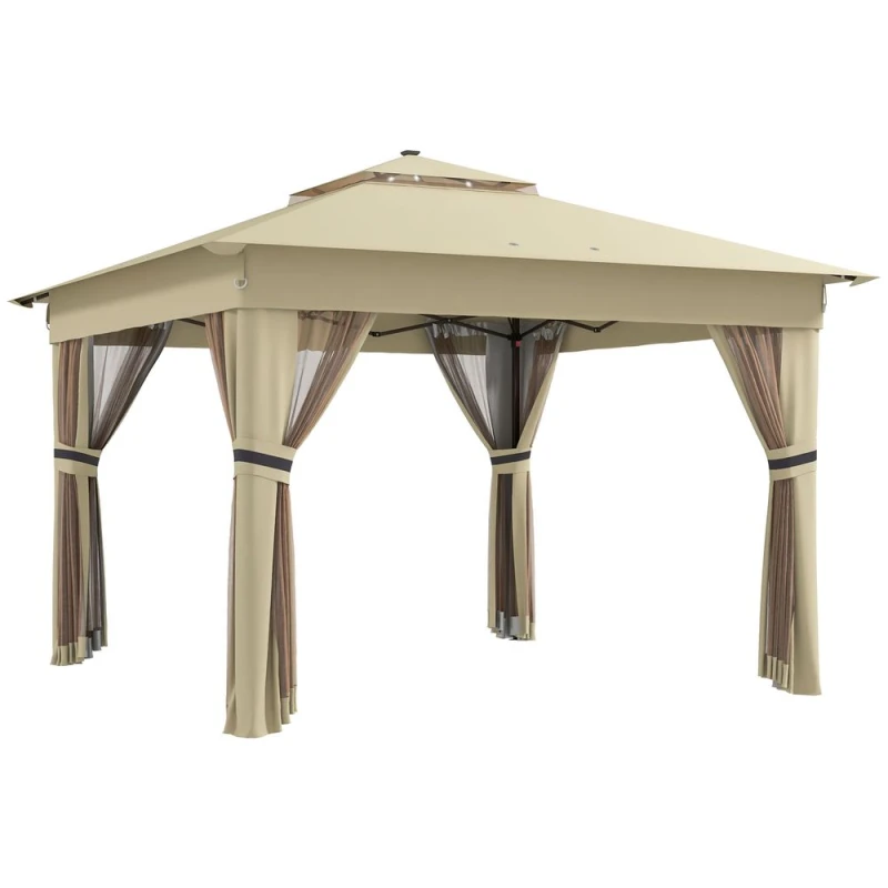 Image of Outsunny 3x3m Pop Up Gazebo w/ 20 Solar LED - Khaki, Brown 84C-483V00BN