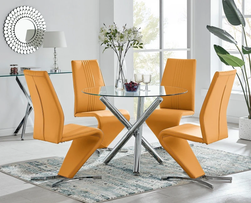 Image of FurnitureboxUK FurnitureboxUK Selina Round Glass And Chrome Metal Dining Table And Luxury Willow Chairs Set in Mustard Size: 2 Person Mustard 2 Pers